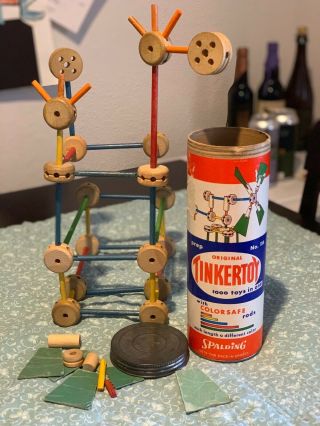 Vintage 1950’s Tinker Toy No116; 53 Different Sized Pieces; Damage On Container