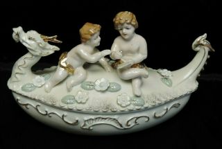 Antique Victorian Porcelain Bisque Dragon Shaped Dish & Cherub Angel Children