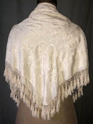 Antique Victorian Embroidered Ivory Silk Piano Shawl