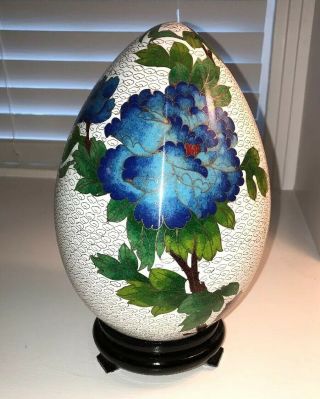 Antique Cloisonne Egg With Wood Stand Large 9”