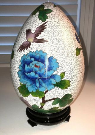 ANTIQUE CLOISONNE EGG WITH WOOD STAND LARGE 9” 2