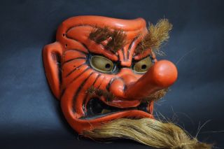 Japanese Antique Tengu Omen (long Nose) Ceramic Mask