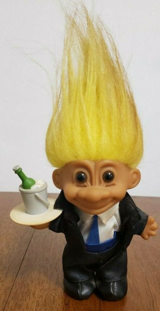 Vintage Russ Troll Doll 5  Butler Yellow Hair With Serving Tray