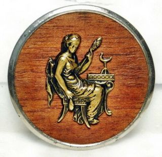 Rare X Large Antique Victorian Picture Button W Lucretia Brass & Wood Back C29