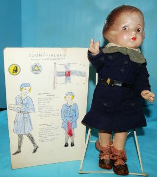 Antique Composition Doll 1938 Guide/scout Uniform Finland 13 " Fully Jtd 1920 - 30s