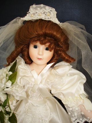 Vintage Dynasty Porcelain Bride Doll Victorian Dress Light Brown Hair Blue Eyes