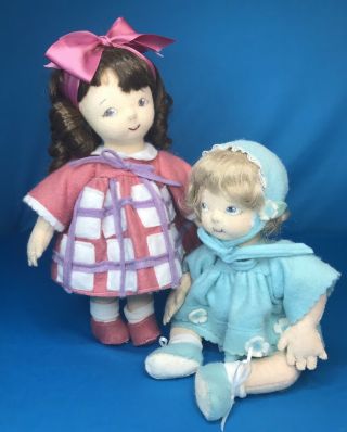 Artist Made? Sweet Girl & Baby Boy Felt Cloth Doll Pair W Painted Faces,  Jointed