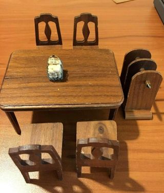 Vtg Wood Strombecker Playthings Walnut Furniture Table Set Chairs