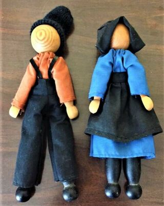 Vintage Amish Doll Made Of Clothes Pins And Wood,  Handmade Clothes,  Boy & Girl