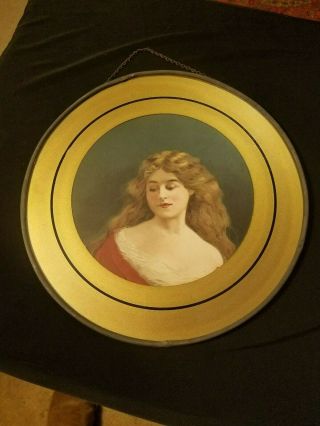 Antique Vintage Flue Cover Victorian Lady Portrait Litho 8.  5 " W/ Chain