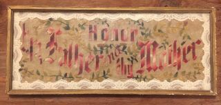 Antique Victorian Needlepoint Sampler - Honor Thy Father And Thy Mother