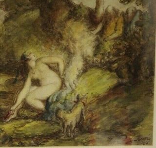 Speculative Female Nude Bathing Beauty & Dog With Male Voyeurs Erotic Antique