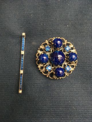 Antique Vtg Czech Blue Glass Brooches/pins