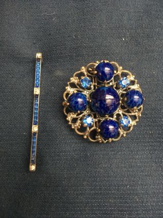 Antique Vtg Czech Blue Glass Brooches/Pins 2