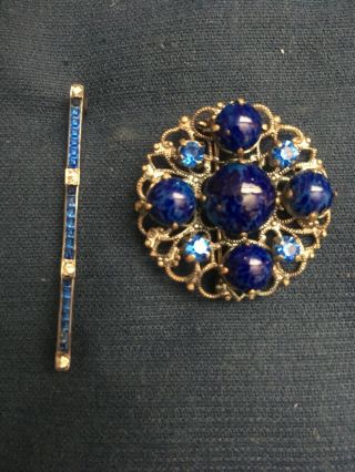 Antique Vtg Czech Blue Glass Brooches/Pins 3