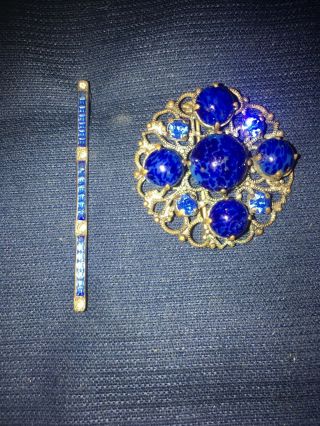 Antique Vtg Czech Blue Glass Brooches/Pins 4