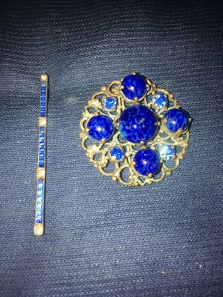 Antique Vtg Czech Blue Glass Brooches/Pins 5