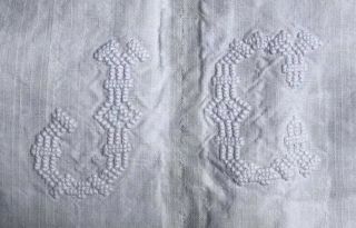 “jc” Monogrammed Handmade Vintage Soft Linen Métis Sheet From France 70”x108”
