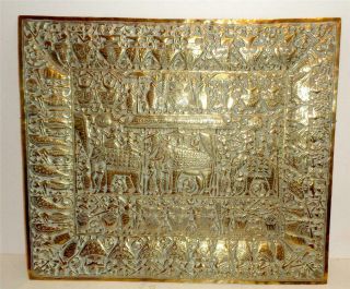 Antique Indian Brass Panel Tray Plaque Elephants 12.  5 " X 14 "