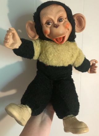 Vintage Rubber Face Monkey Plush Toy Black Yellow