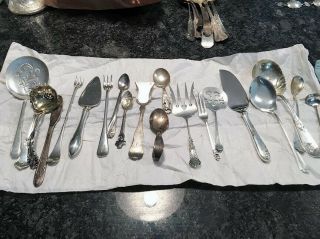 19 Piece Assorted Silver Plated Serving Spoons,  Forks And Knives