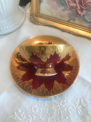 Vintage Rudolph Wachter (rw) Bavaria Dark Red And Heavy Gold Cup And Saucer Euc