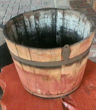 Antique Primitive Wooden Sap Bucket,  Red Paint,  Hook