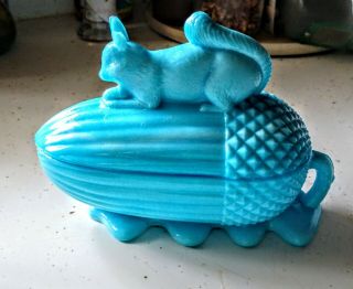 Antique Portieux Vallerysthal Opaline Blue Glass Squirrel On Acorn