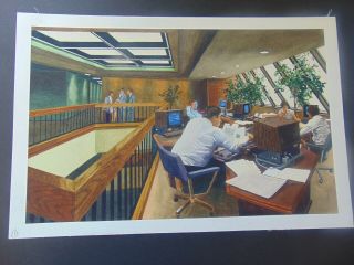 Vintage Architectural Rendering Modern Computerized Office - Watercolor Painting