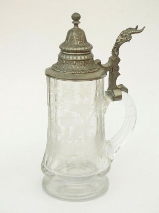 19th C.  German Beer Stein Antique Prussian Leaded Crystal Etched Glass Hand Cut