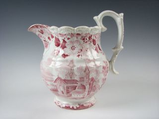 Antique Staffordshire Transferware Pottery Milk Pitcher Jug Pink Red Circa 1835