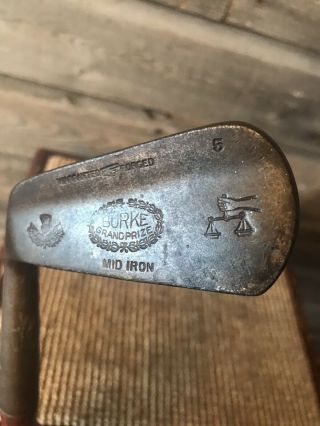 Antique Vintage Burke Grand Prize Hickory Wood Shaft Golf Club Mid Iron