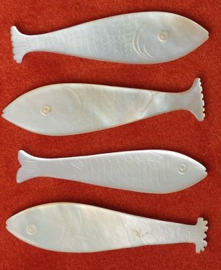 4 Antique Mother Of Pearl Gaming Counters Carved Fish Silk Winders