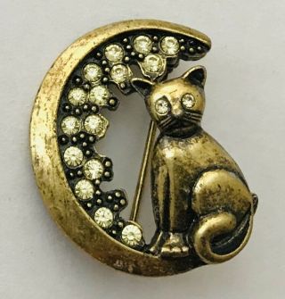 Pussy Cat On Jeweled Gemstone Moon Antique Brooch Pin Badge Rare Vintage (a5)