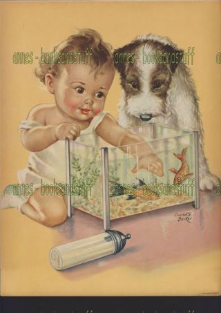 Vintage Art Poster Baby With Terrier Dog Catching Goldfish Charlotte Becker