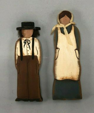 Vintage Folk Art Wood Old Man And Woman - Pair Amish,  Pennsylvania Dutch - 7 - 9 "