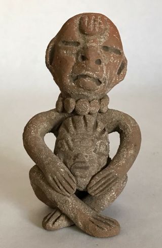 Pre - Columbian Pottery Sitting Figure Holding A Mask