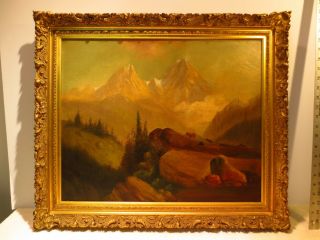 Antique Oil Painting In Gold Frame.  " The Alps " Signed J Greene
