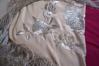 Antique Silk Embroidered Shawl,  Peach / Cream Colour