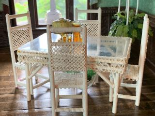 Vintage Artisan Miniature Dollhouse Thread Wicker Table W Plant Holder 4 Chairs