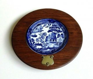 Wooden Oak Butter Dish With Willow Pattern Insert And Silver Plated Shield