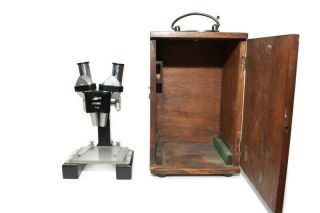 Antique Double Microscope Vtg Metal & Brass W/ Box