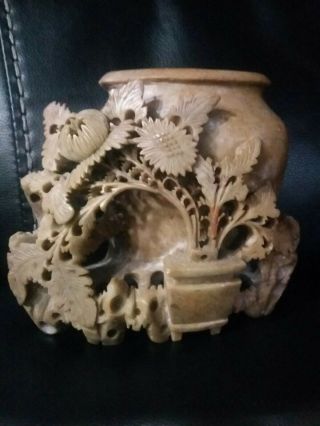 Antique Hand Carved Vase Soapstone Sculpture Figurine Flowers