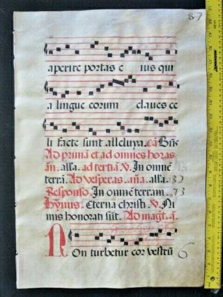 Huge Medieval Music Manuscript,  Lf,  Vellum,  Handpainted Initial,  C.  1520,  87