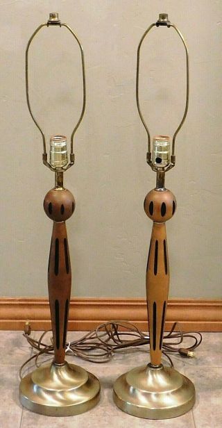 Vintage 60s Mid Century Modern Brass & Wood Tall Table Lamps
