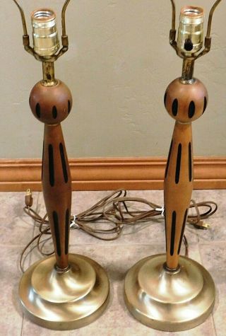 Vintage 60s Mid Century Modern Brass & Wood Tall Table Lamps 2