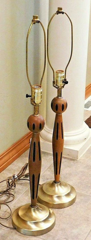 Vintage 60s Mid Century Modern Brass & Wood Tall Table Lamps 4