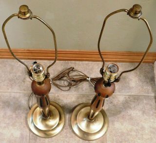 Vintage 60s Mid Century Modern Brass & Wood Tall Table Lamps 5
