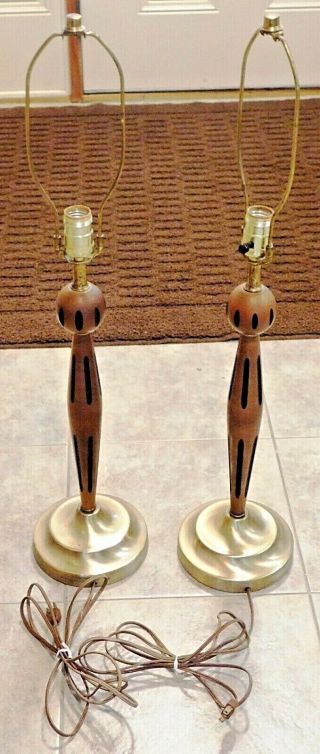 Vintage 60s Mid Century Modern Brass & Wood Tall Table Lamps 6