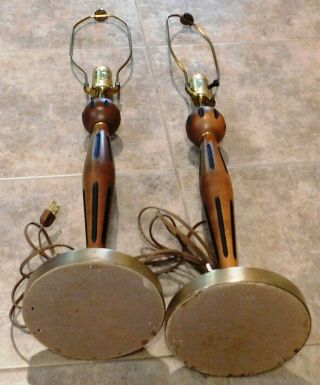 Vintage 60s Mid Century Modern Brass & Wood Tall Table Lamps 7